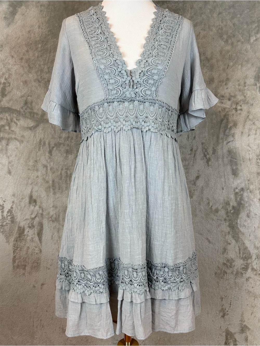 Wishlist Apparel V-Neck Lace Trim Boho Prairie Dress Wmn’s M